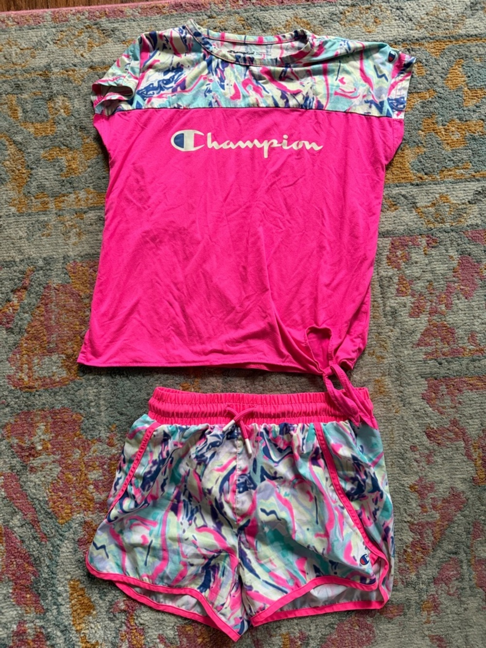 Champion Hot Pink Top with Multicolor Abstract Shorts